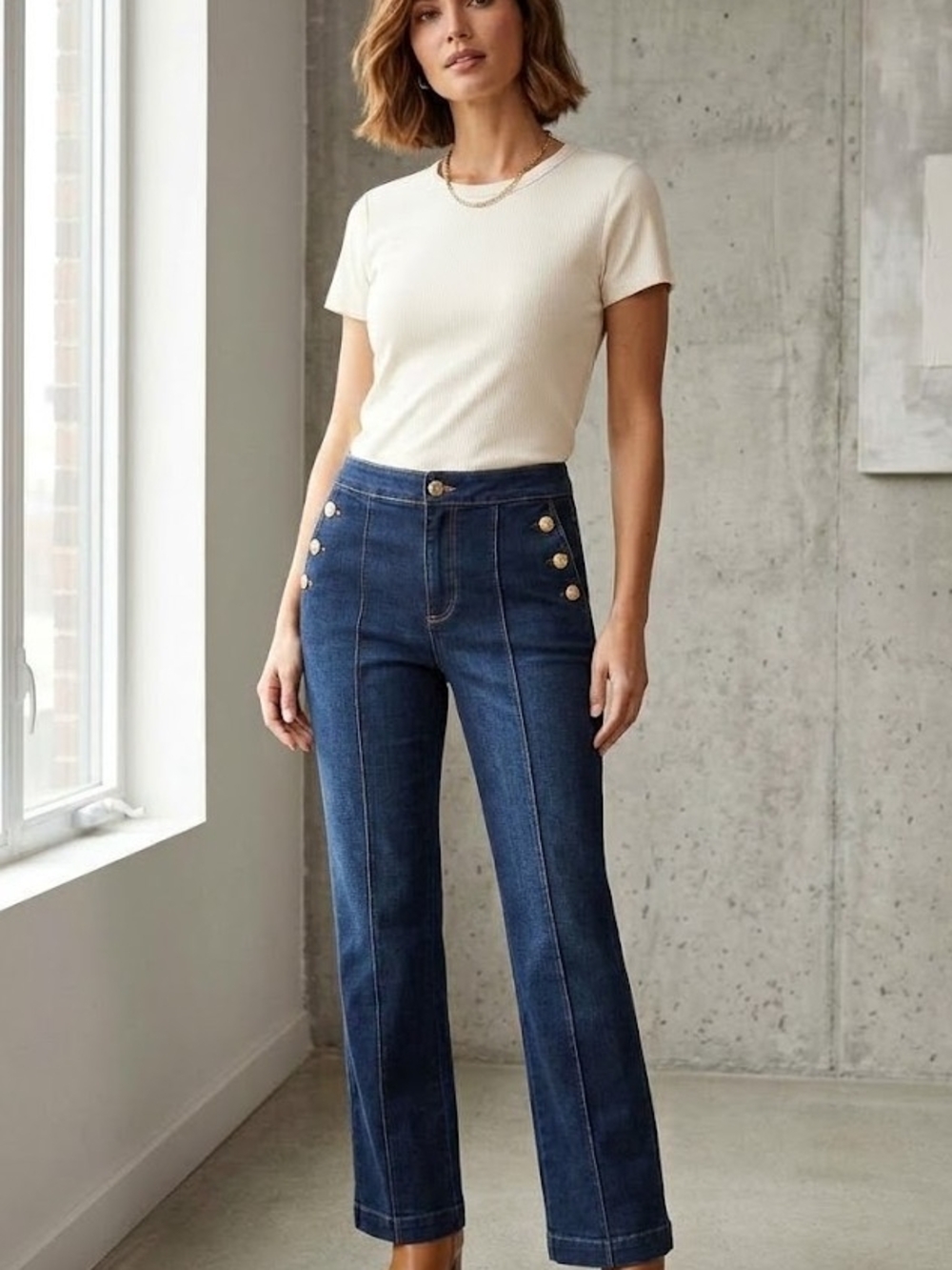 Talbots Dark Blue High-Rise Wide-Leg Jeans with Gold Buttons